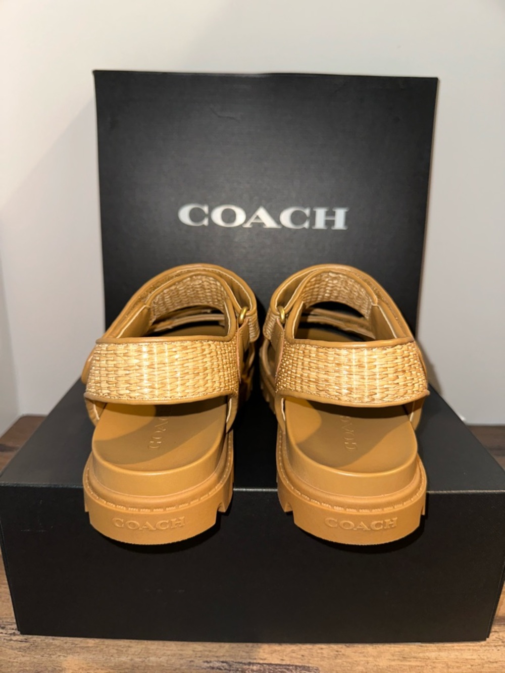 Coach Tan Brynn straw sandals with Gold Hardware - Picture 3 of 8